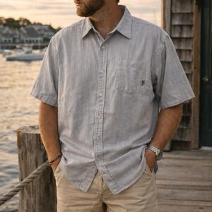 Vintage 90s Gotcha Button Up Shirt Blue Striped Short Sleeve Lightweight Mens XL